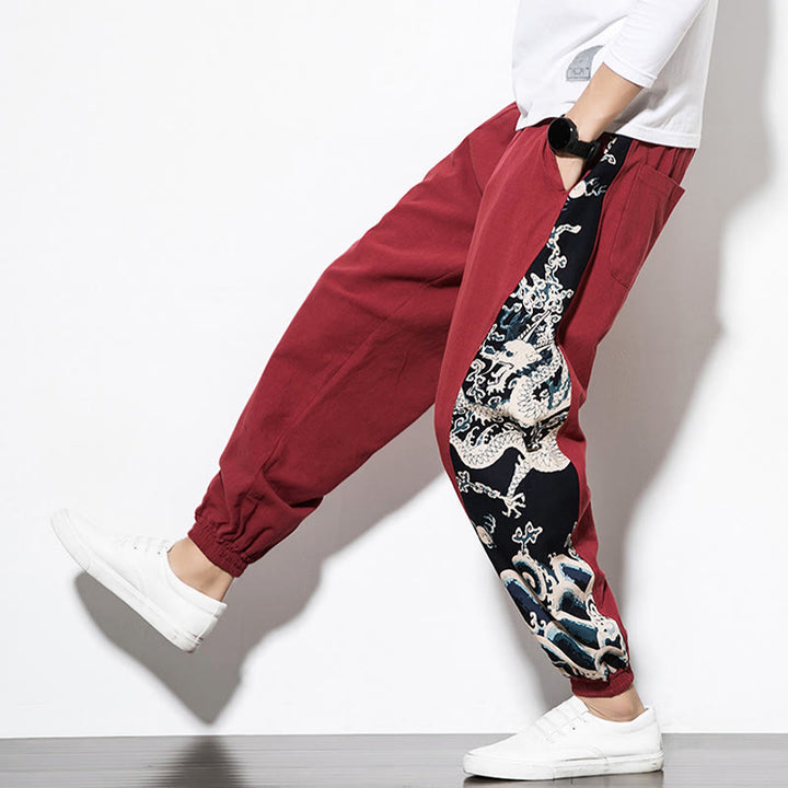Pantalones de algodón con bolsillos para hombre con ondas de dragón de verano y Buddha Stones - image 28