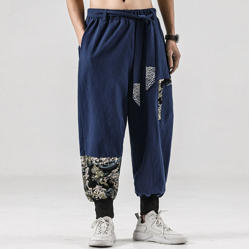 Pantalones harem para hombre con cordones y bolsillos, estampado de Buddha Stones y olas del océano. - image 34