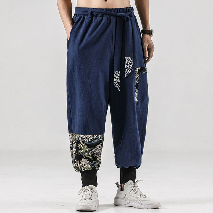 Pantalones harem para hombre con cordones y bolsillos, estampado de Buddha Stones y olas del océano. - image 34