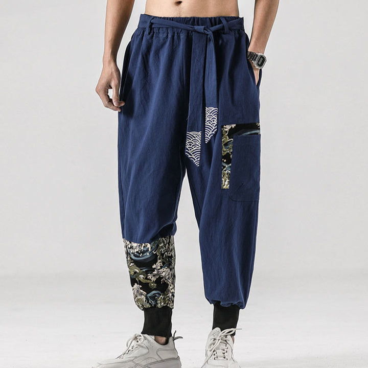 Pantalones harén de algodón con cordones y bolsillos para hombre con estampado de olas del océano y Buddha Stones - image 37