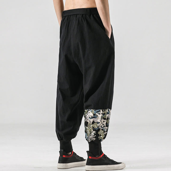 Pantalones harén de algodón con cordones y bolsillos para hombre con estampado de olas del océano y Buddha Stones - image 2