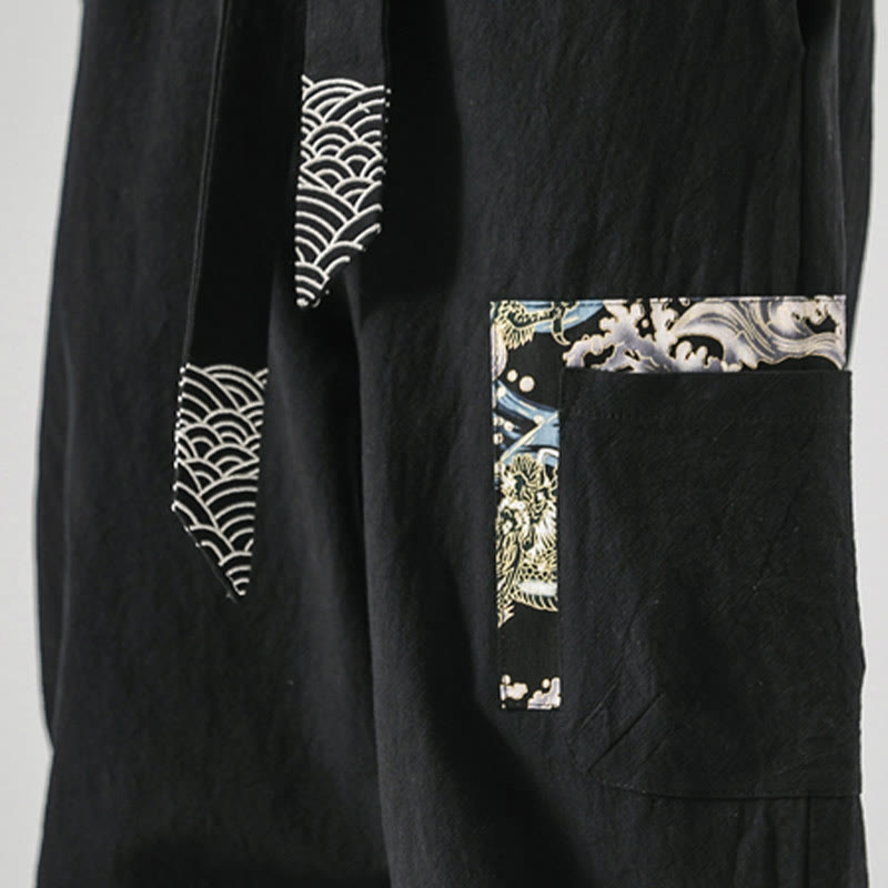 Pantalones harén de algodón con cordones y bolsillos para hombre con estampado de olas del océano y Buddha Stones - image 11