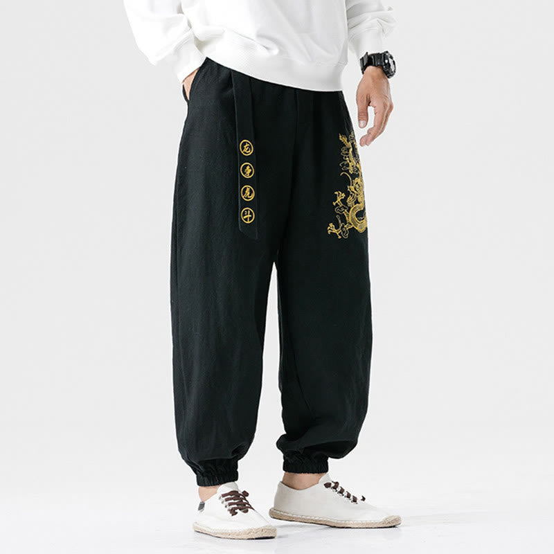 Pantalones de algodón para hombre con bolsillos y Buddha Stones, nubes auspiciosas y dragón - image 3