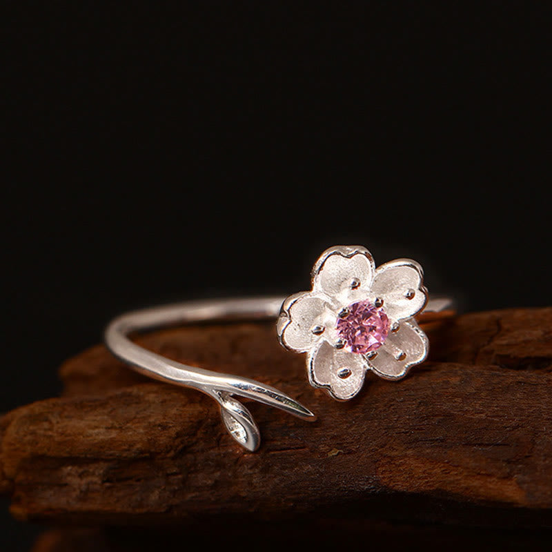 Anillo ajustable con bendición de flor de cerezo y sakura en plata de ley 925 con Buddha Stones - image 1