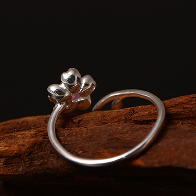 Anillo ajustable con bendición de flor de cerezo y sakura en plata de ley 925 con Buddha Stones