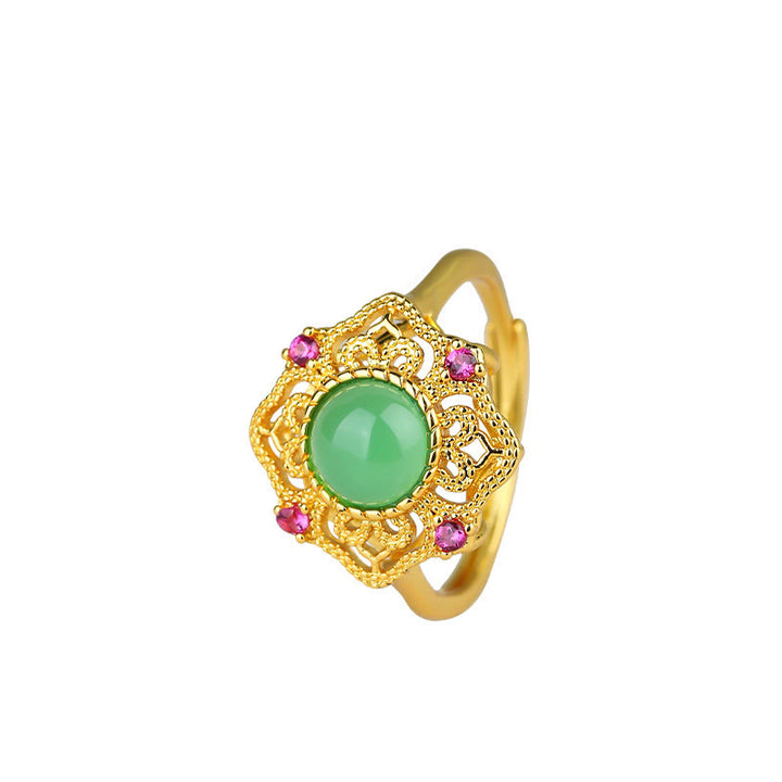 Anillo ajustable de fuerza con patrón hueco de calcedonia verde y Buddha Stones