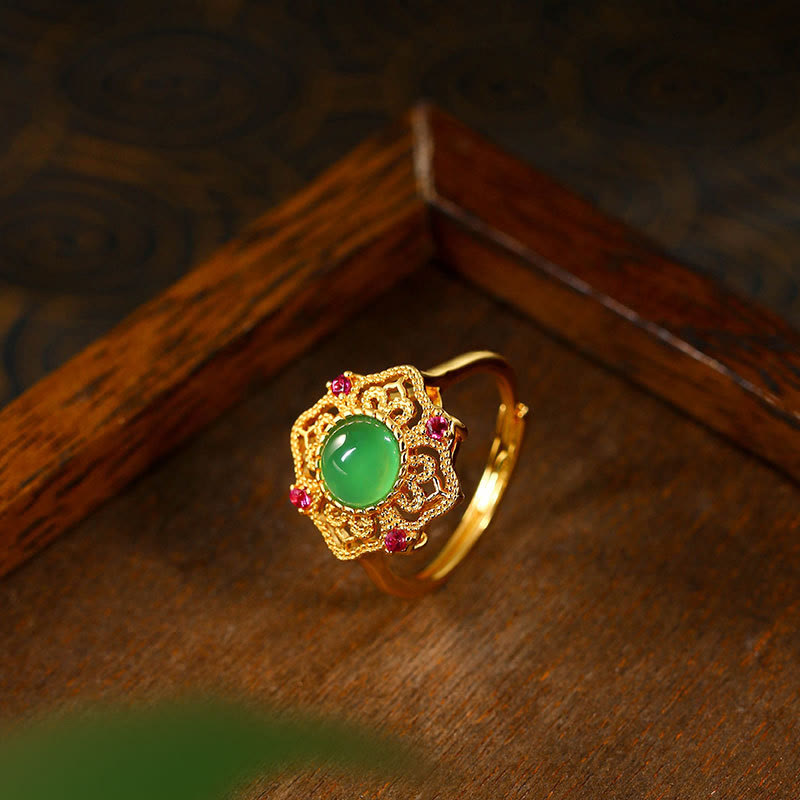 Anillo ajustable de fuerza con patrón hueco de calcedonia verde y Buddha Stones