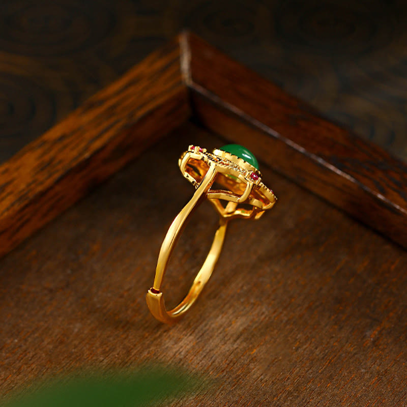 Anillo ajustable de fuerza con patrón hueco de calcedonia verde y Buddha Stones