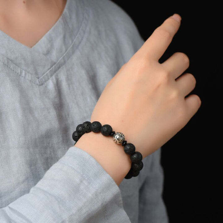 Pulsera de riqueza PiXiu de cobre blanco con cuentas de roca de lava y Buddha Stones