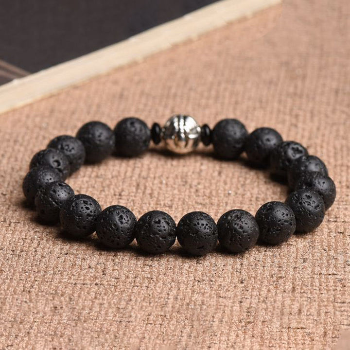 Pulsera de riqueza PiXiu de cobre blanco con cuentas de roca de lava y Buddha Stones