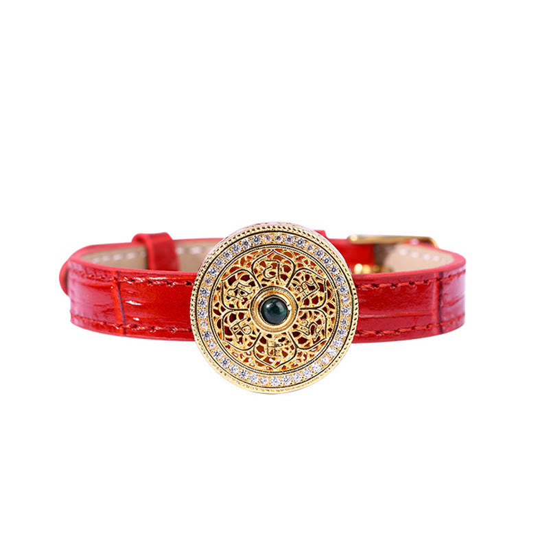 Pulsera de cuero chapada en oro de 24 Buddha Stones con seis palabras verdaderas, ocho tesoros y brújula de jade