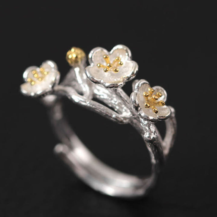Anillo de plata de ley 925 con Buddha Stones y calma en el seno del ciruelo