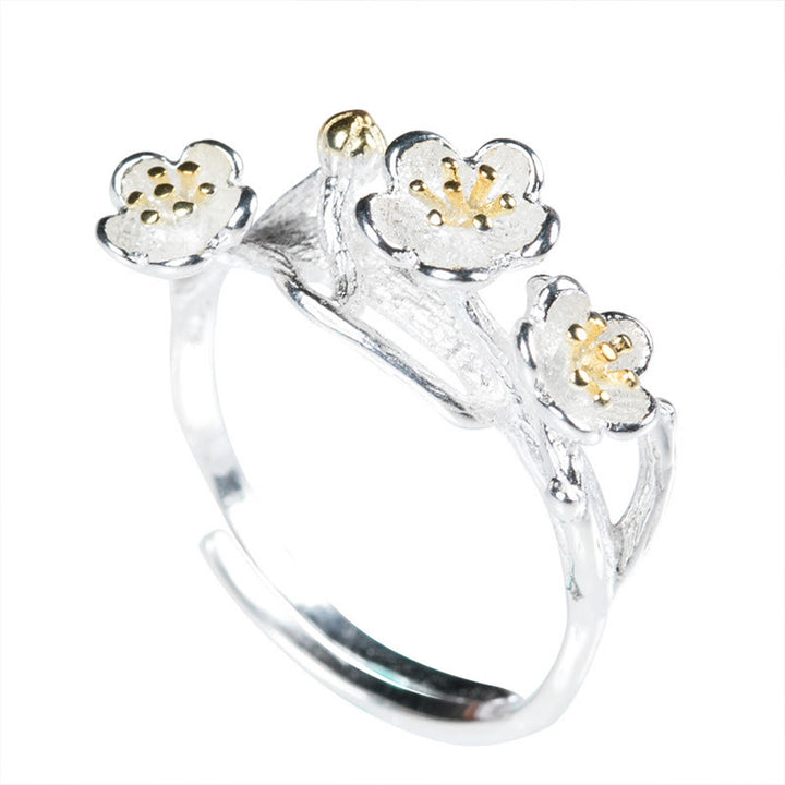 Anillo de plata de ley 925 con Buddha Stones y calma en el seno del ciruelo