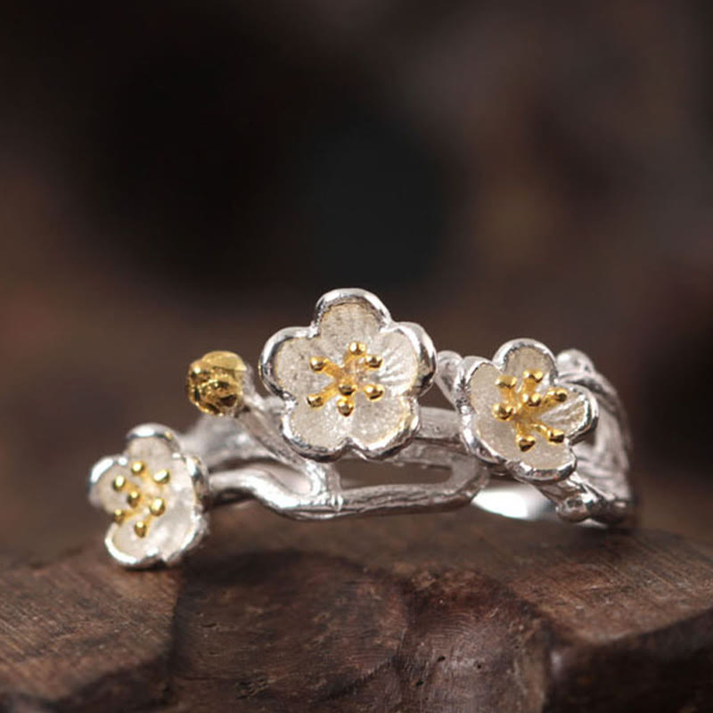 Anillo de plata de ley 925 con Buddha Stones y calma en el seno del ciruelo
