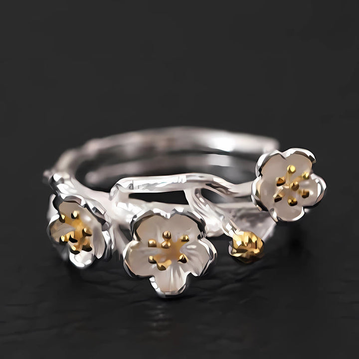 Anillo de plata de ley 925 con Buddha Stones y calma en el seno del ciruelo