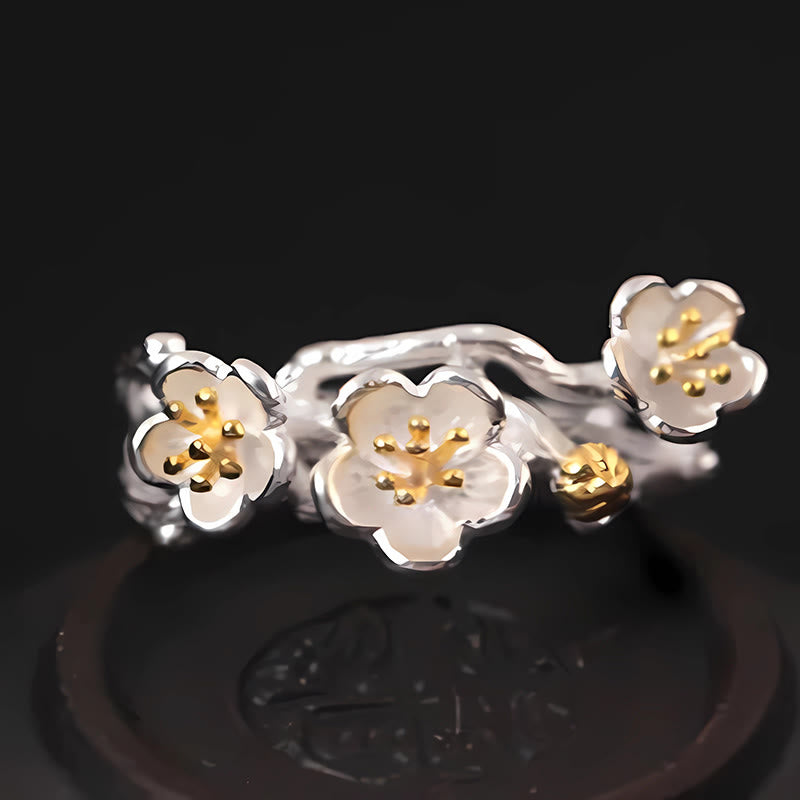 Anillo de plata de ley 925 con Buddha Stones y calma en el seno del ciruelo