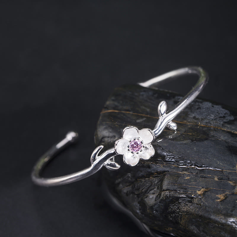 Pulsera de plata de ley 925 con Buddha Stones y flor de cerezo - Anillo de plata de ley 925 con diseño de flor de cerezo (circunferencia de la muñeca: 15-19 cm) - image 0