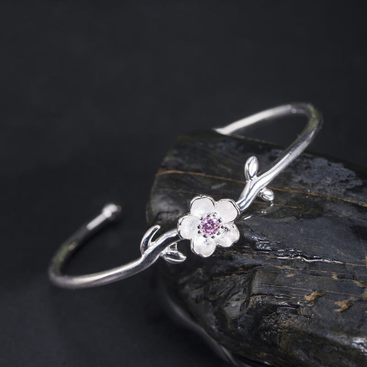 Pulsera de plata de ley 925 con Buddha Stones y flor de cerezo - Flor de cerezo en plata de ley 925 (circunferencia de la muñeca: 15-19 cm) - image 0