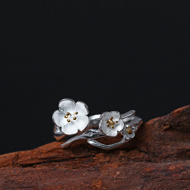 Anillo de equilibrio con seno ciruela y Buddha Stones en plata de ley 925 - Estambres dorados - image 0