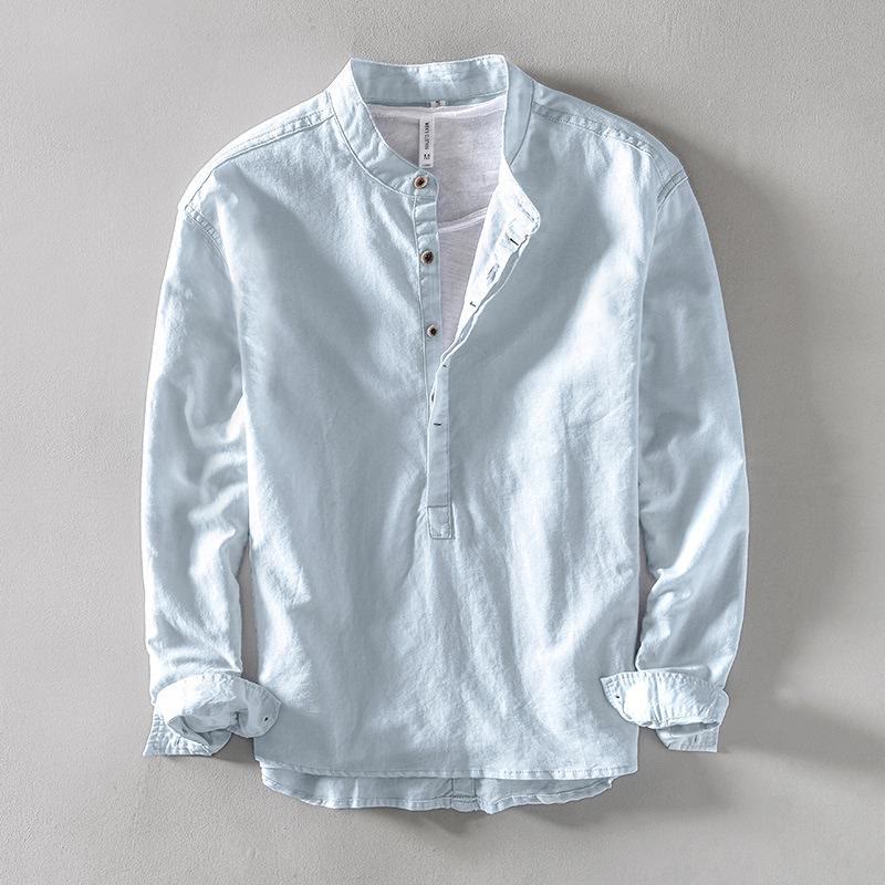 Camisa de lino y algodón con manga larga y medio botón de color liso con Buddha Stones para hombre - Azul claro - US/UK/AU40, EU50 (2XL) - image 1