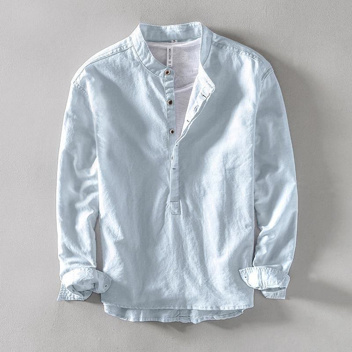 Camisa de lino y algodón con manga larga y medio botón de color liso con Buddha Stones para hombre - Azul claro - US/UK/AU40, EU50 (2XL) - image 0