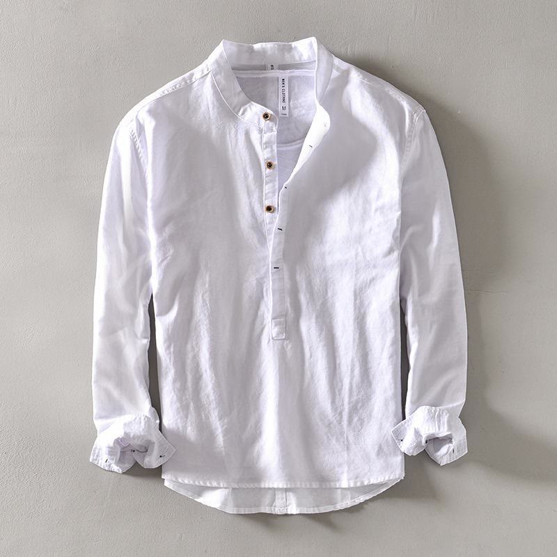 Camisa de lino y algodón con manga larga y medio botón de color liso con Buddha Stones para hombre - Blanco - US/UK/AU40, EU50 (2XL) - image 2