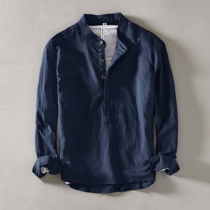 Camisa de lino y algodón con manga larga y medio botón de color liso con Buddha Stones para hombre - Azul acero - US/UK/AU40, EU50 (2XL) - image 3