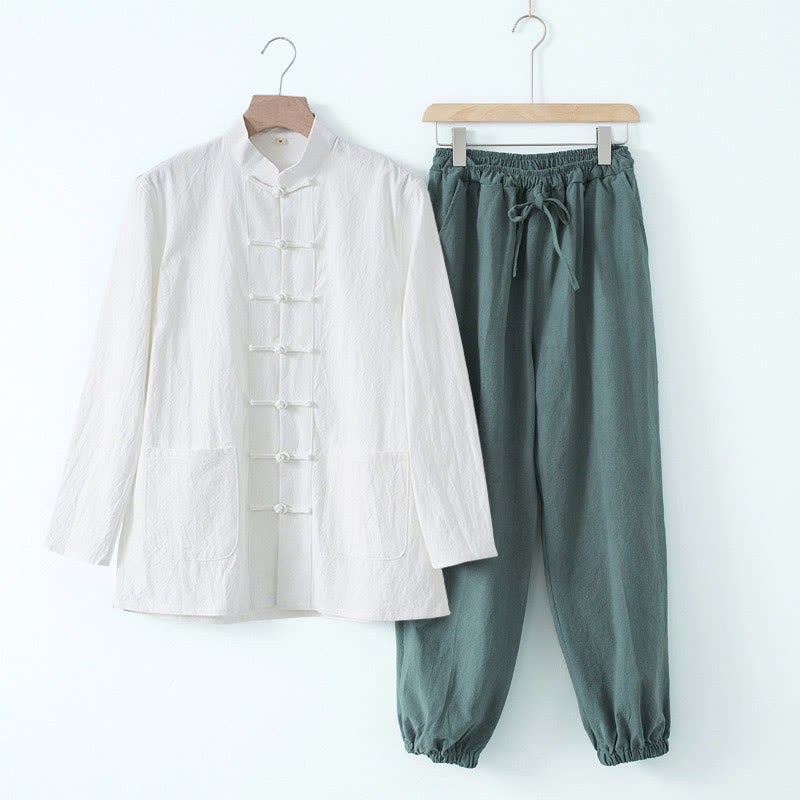 Camisa de manga larga con botones de Buddha Stones para meditación, pantalones, traje para hombre - Camisa blanca y pantalón azul marino - US/UK/AU44, EU54 (4XL) - image 20