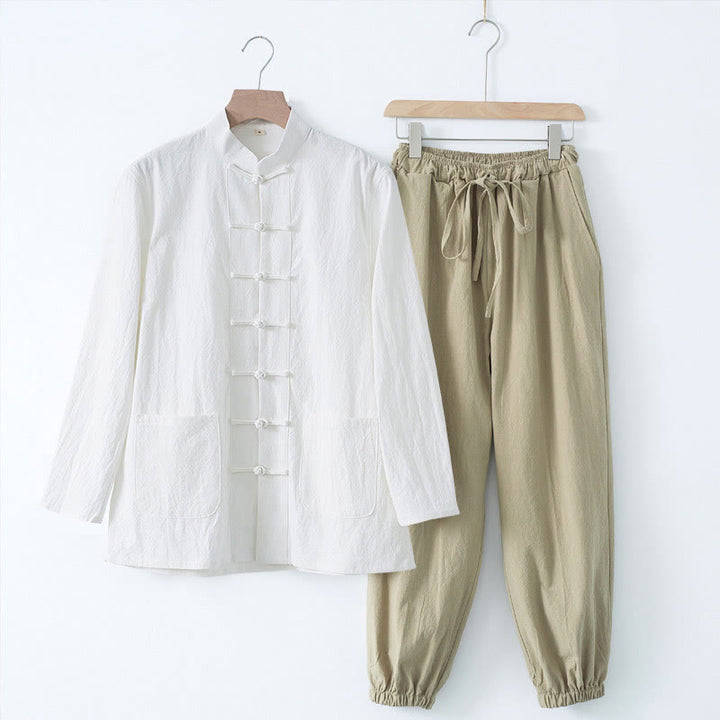 Camisa de manga larga con botones de Buddha Stones para meditación, pantalones, traje para hombre - Camisa blanca y pantalón marrón - US/UK/AU44, EU54 (4XL) - image 18
