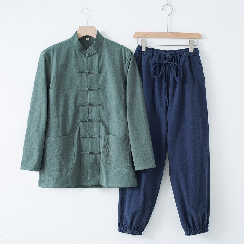 Camisa de manga larga con botones de Buddha Stones para meditación, pantalones, traje para hombre - Camisa azul cadete y pantalón azul oscuro - US/UK/AU44, EU54 (4XL) - image 25