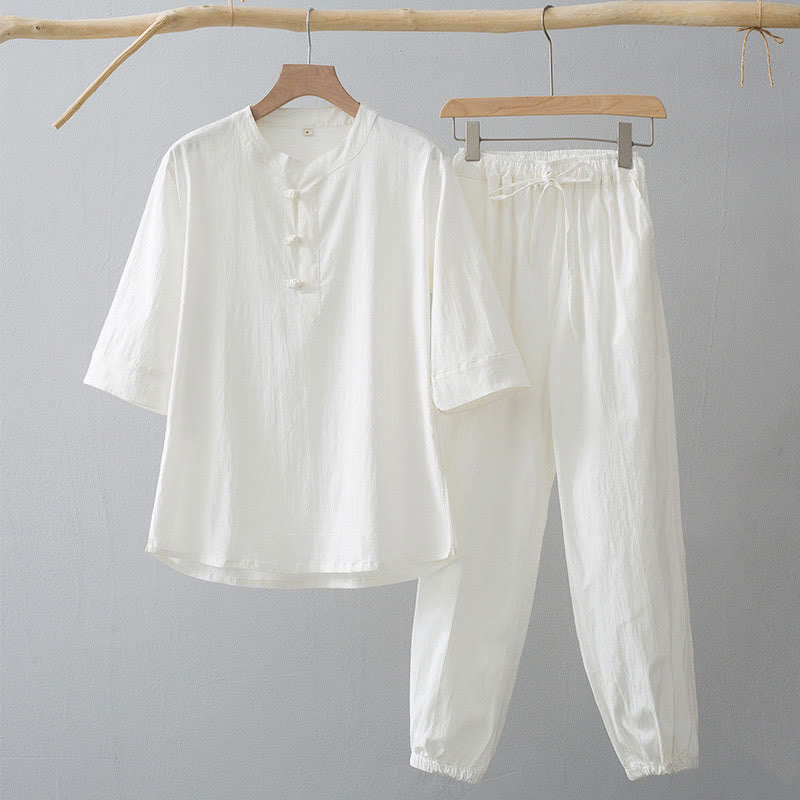 Camisa de manga tres cuartos con botones de rana y Buddha Stones para hombre - Camisa blanca y pantalón blanco - US/UK/AU44, EU54 (4XL) - image 1