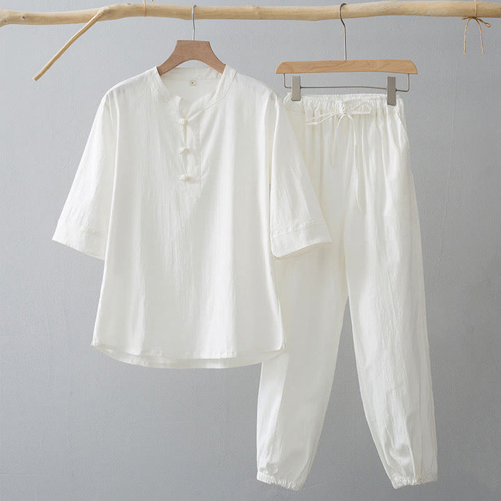 Camisa de manga tres cuartos con botones de rana y Buddha Stones para hombre - Camisa blanca y pantalón blanco - US/UK/AU44, EU54 (4XL) - image 1