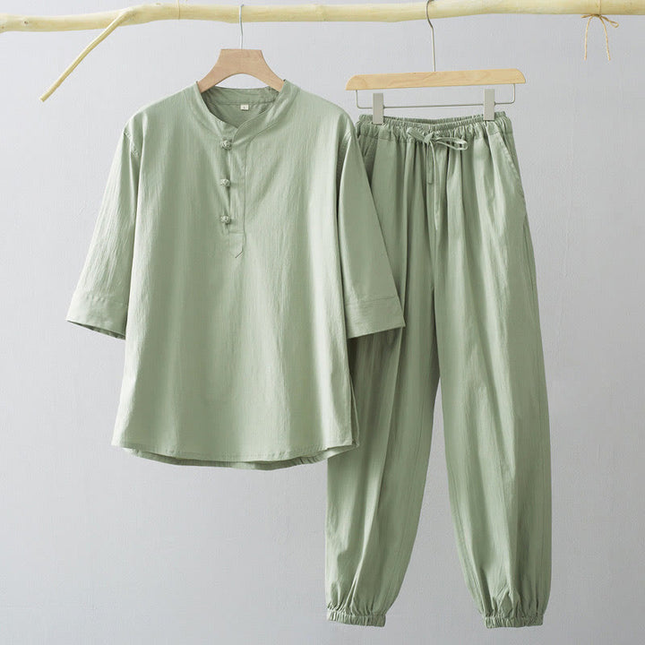 Camisa de manga tres cuartos con botones de rana y Buddha Stones para hombre - Camisa y pantalón verde mar oscuro - US/UK/AU44, EU54 (4XL) - image 5