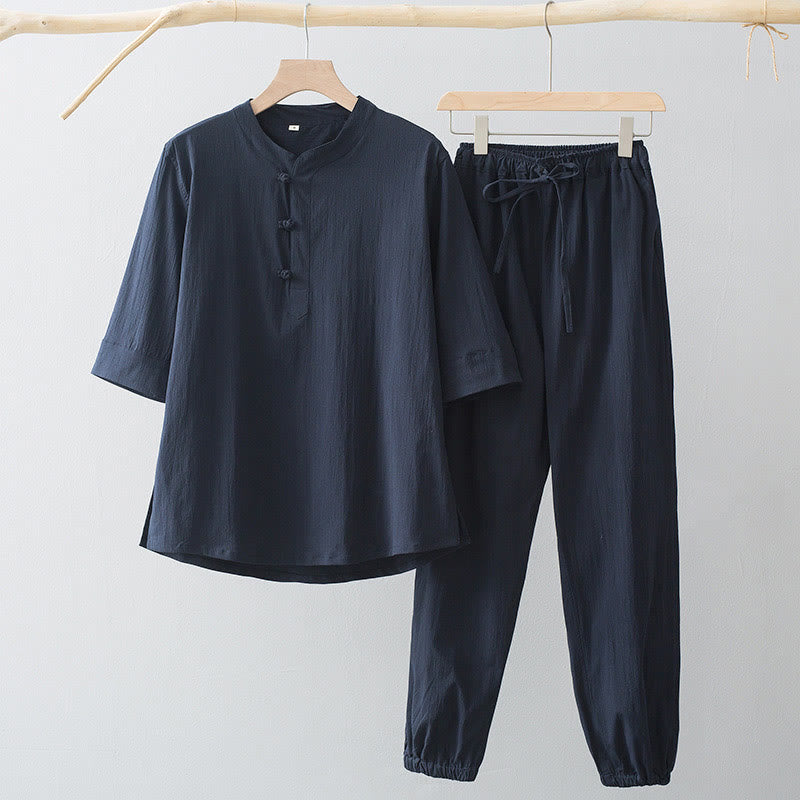 Camisa de manga tres cuartos con botones de rana y Buddha Stones para hombre - Camisa azul medianoche y pantalón azul medianoche - US/UK/AU44, EU54 (4XL) - image 4