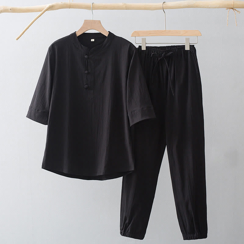 Camisa de manga tres cuartos con botones de rana y Buddha Stones para hombre - Camisa negra y pantalón negro - US/UK/AU44, EU54 (4XL) - image 3