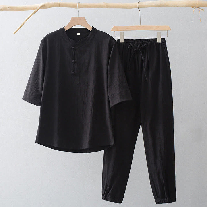 Camisa de manga tres cuartos con botones de rana y Buddha Stones para hombre - Camisa negra y pantalón negro - US/UK/AU44, EU54 (4XL) - image 3