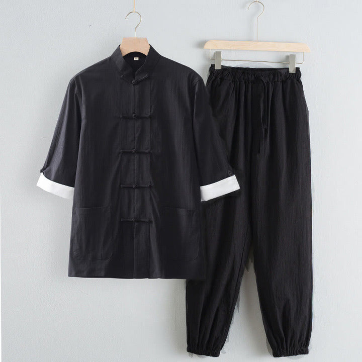 Pantalones de camisa de manga tres cuartos con botones de rana y Buddha Stones para hombre