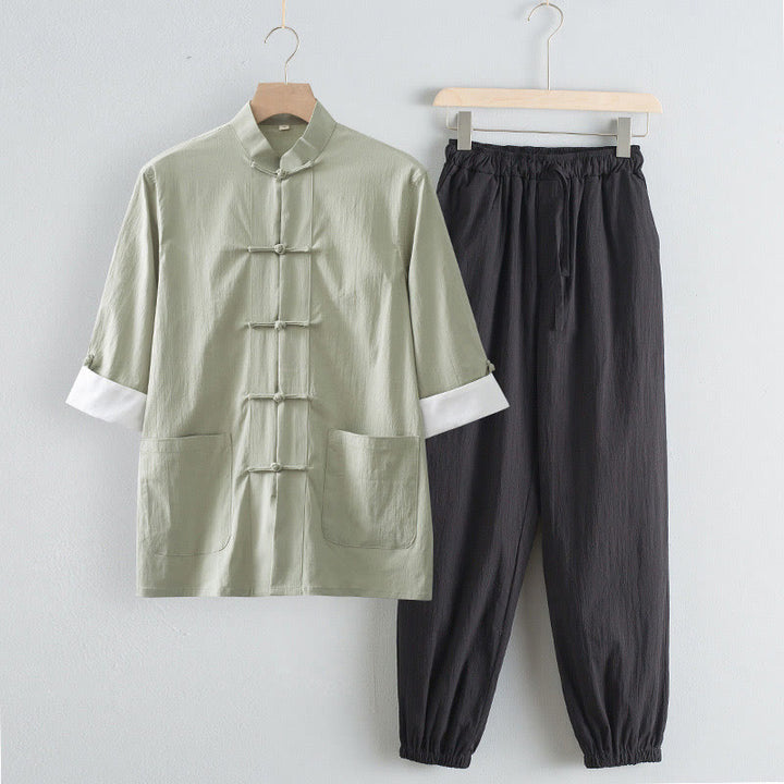 Pantalones de camisa de manga tres cuartos con botones de rana y Buddha Stones para hombre