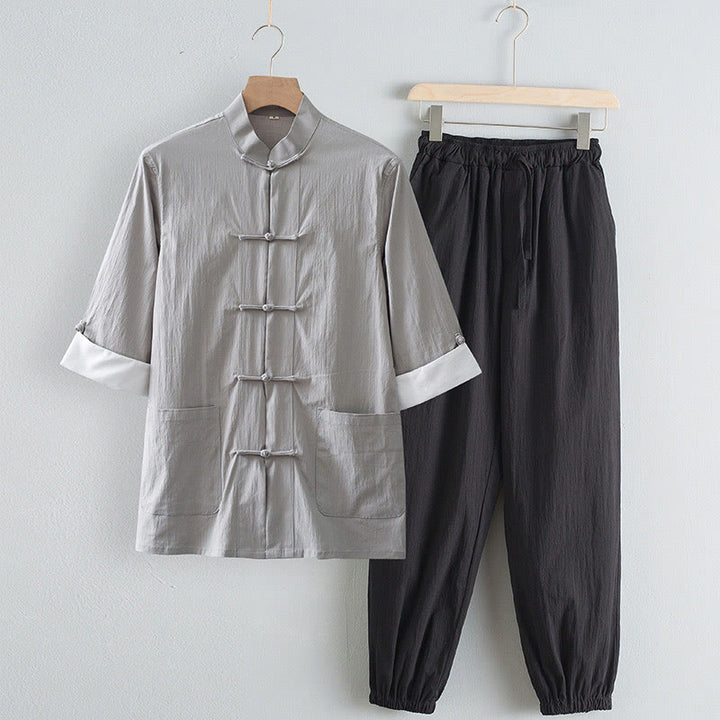 Pantalones de camisa de manga tres cuartos con botones de rana y Buddha Stones para hombre