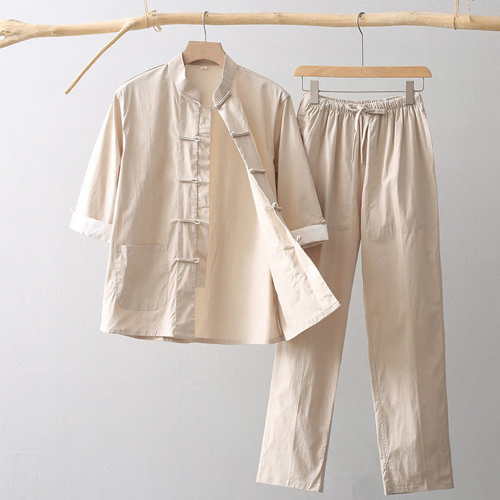 Camisa de manga tres cuartos con botones de rana y Buddha Stones, pantalones de pierna ancha, traje de lino y algodón para hombre - Trigo - US/UK/AU44, EU54 (4XL) - image 0