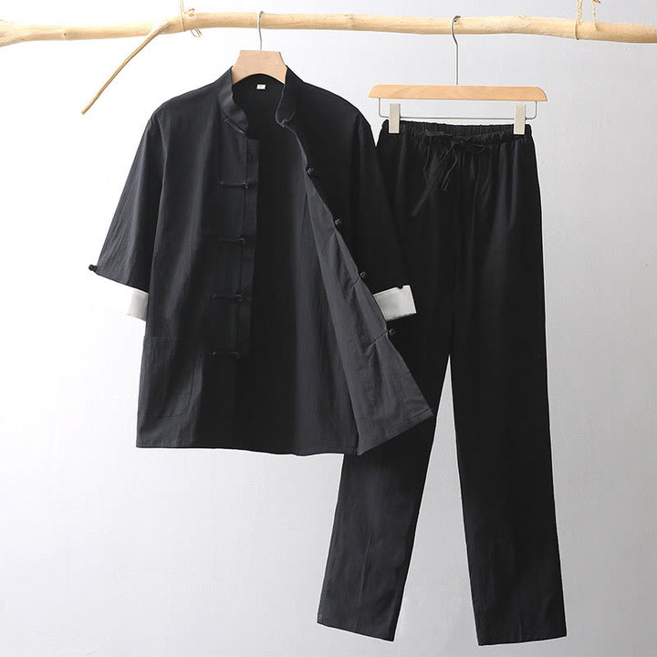 Camisa de manga tres cuartos con botones de rana y Buddha Stones, pantalones de pierna ancha, traje de lino y algodón para hombre - Negro - US/UK/AU44, EU54 (4XL) - image 7