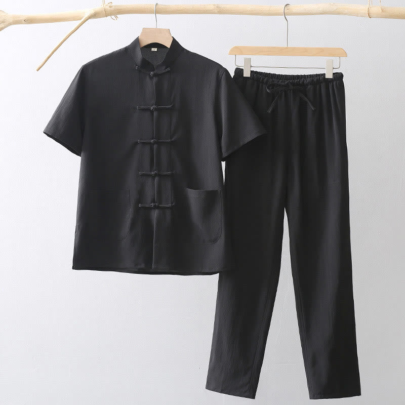 Camisa de manga corta con botones de rana y piedras de Buddha Stones Tang, pantalones de pierna ancha, traje para hombre - Negro - US/UK/AU44, EU54 (4XL) - image 4