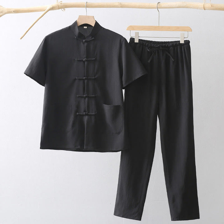 Camisa de manga corta con botones de rana y piedras de Buddha Stones Tang, pantalones de pierna ancha, traje para hombre - Negro - US/UK/AU44, EU54 (4XL) - image 4