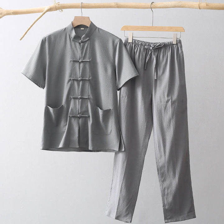 Camisa de manga corta con botones de rana y piedras de Buddha Stones Tang, pantalones de pierna ancha, traje para hombre