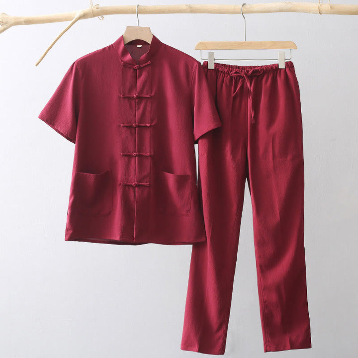 Camisa de manga corta con botones de rana y piedras de Buddha Stones Tang, pantalones de pierna ancha, traje para hombre