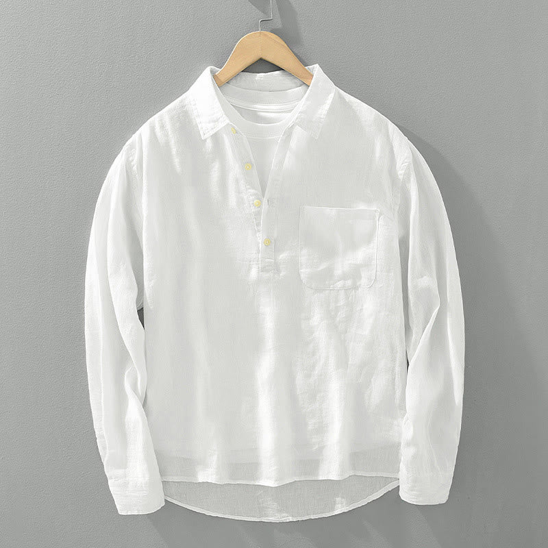 Camisa de lino para hombre, manga larga, suelta, color liso, con medio botón y Buddha Stones - Blanco - US/UK/AU42, EU52 (3XL) - image 0