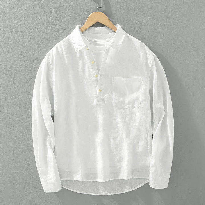 Camisa de lino para hombre, manga larga, suelta, color liso, con medio botón y Buddha Stones - Blanco - US/UK/AU42, EU52 (3XL) - image 0