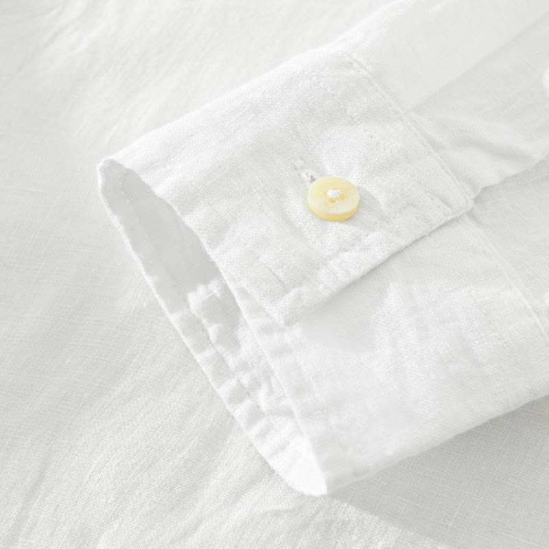 Camisa de lino para hombre, manga larga, suelta, color liso, con medio botón y Buddha Stones - image 3