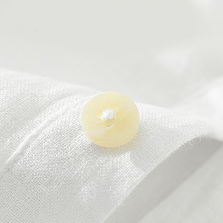 Camisa de lino para hombre, manga larga, suelta, color liso, con medio botón y Buddha Stones - image 4