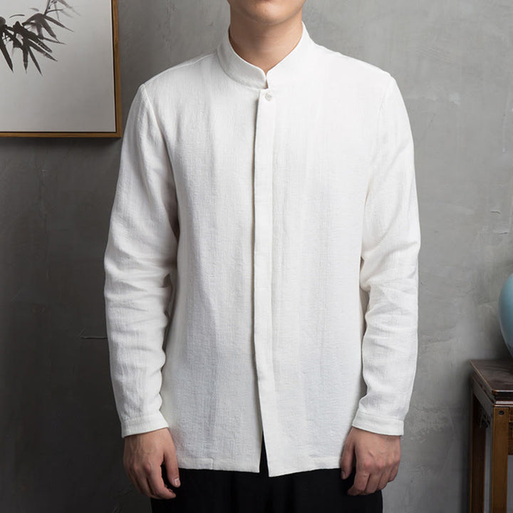 Chaqueta de lino y algodón con traje chino de color liso con Buddha Stones para hombre - Blanco - US/UK/AU44, EU54 (4XL) - image 4
